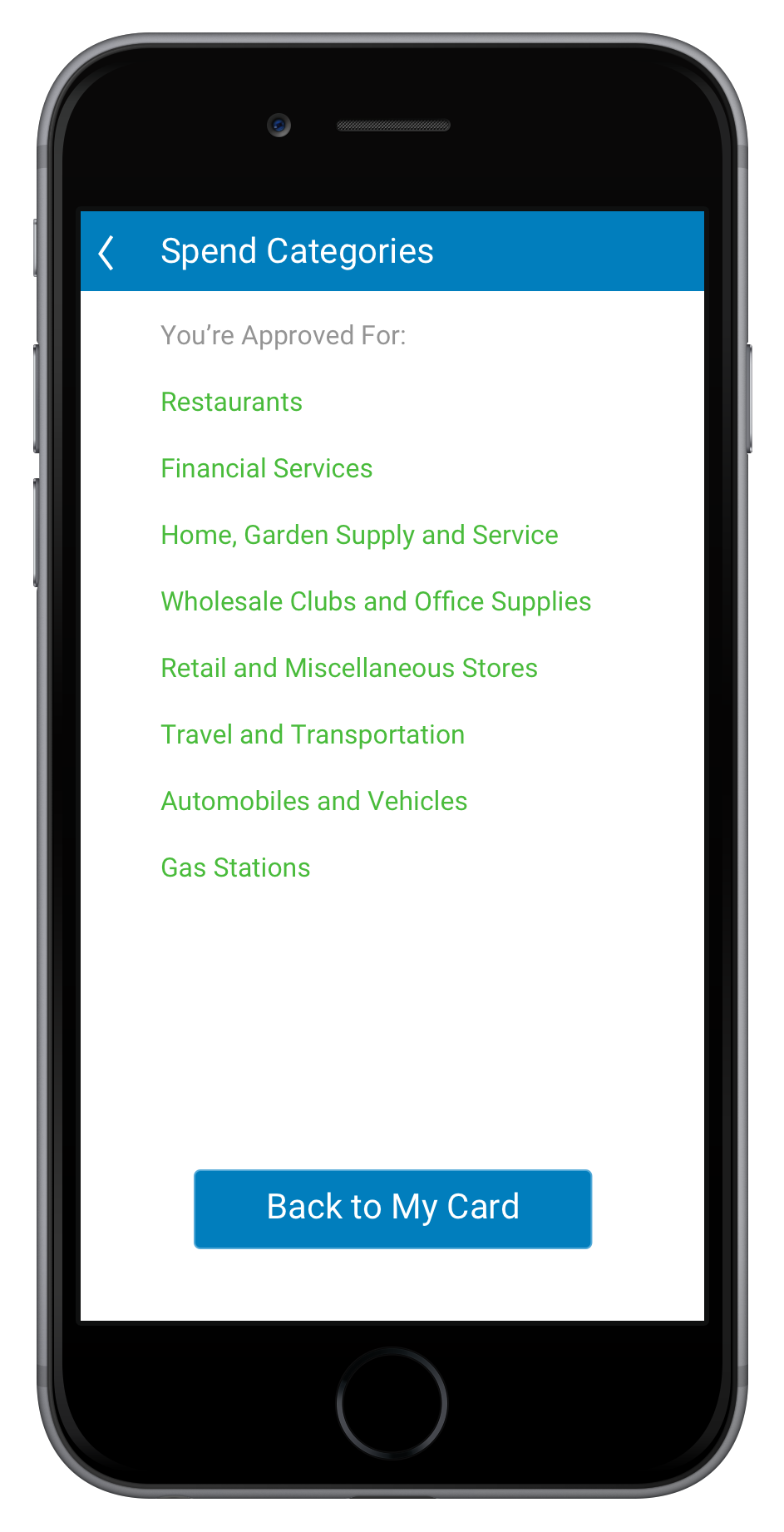 Bento mobile — the spend categories the owner approved: restaurants, financial services, home & garden, wholesale clubs, and more